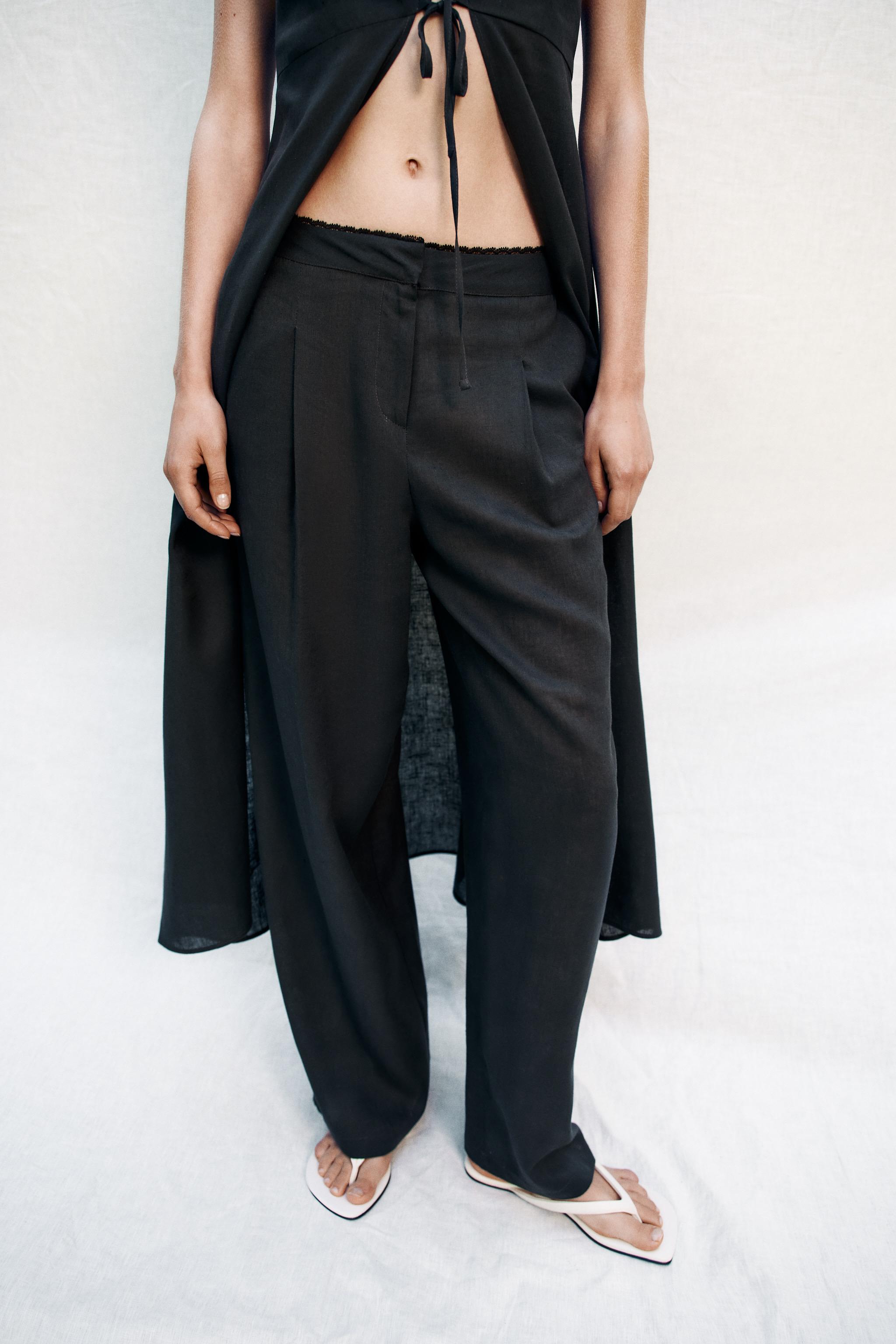 STRAIGHT LEG LINEN PANTS WITH LACE TRIM